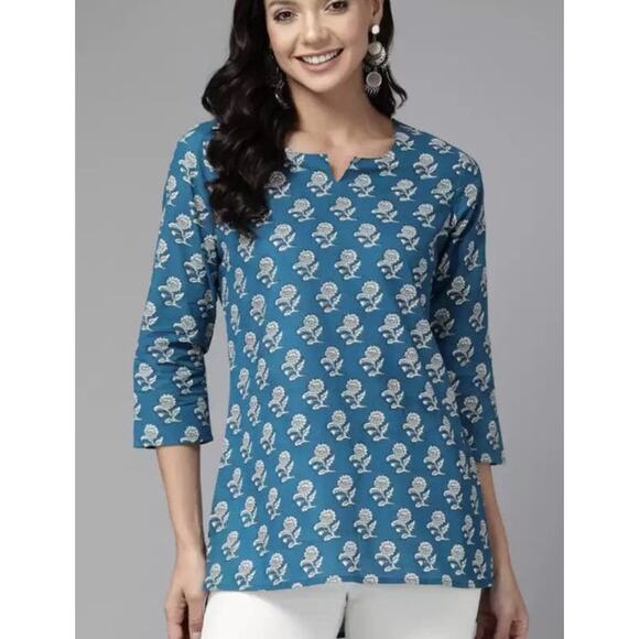 APNY Teal Geo Print Satin Silk Kurta Slip Dress size Small - Picture 8 of 9